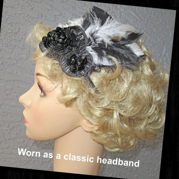 Fascinator / Headband, Black beads + black & white feathers on narrow black band - Picture 2 of 14